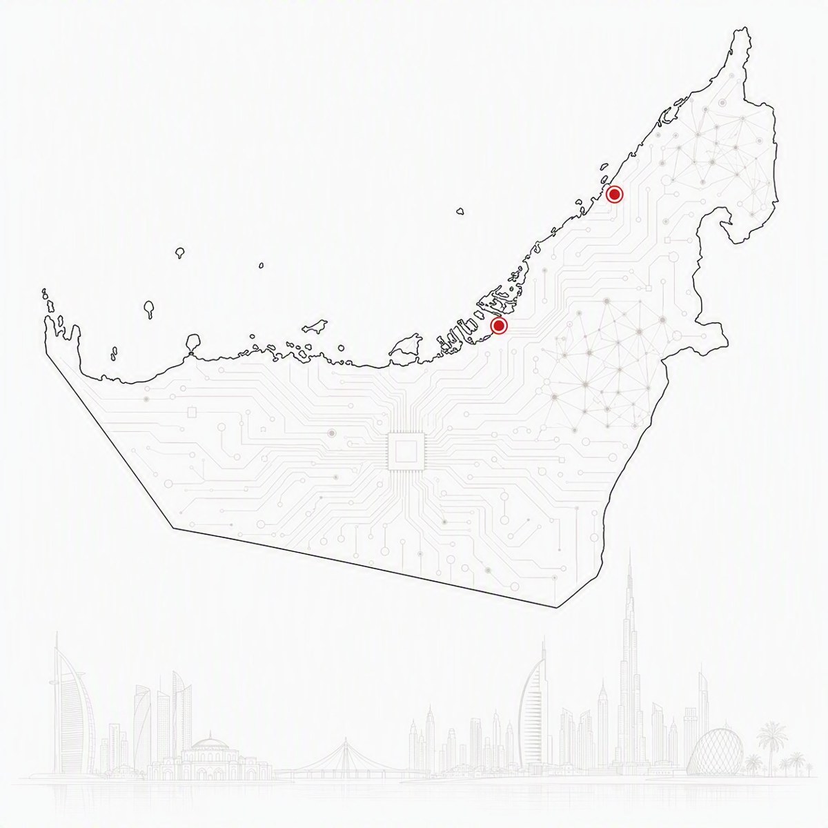 Illustrated map of the United Arab Emirates with the DIFC (Dubai) and ADGM (Abu Dhabi) financial free zones marked over a circuit-board motif